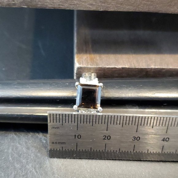 Size 7 925 Sterling Silver Square Smoky Quartz And CZ Ring - Picture 7 of 8